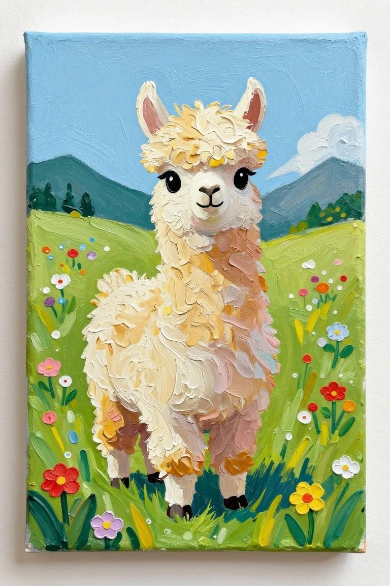 Fluffy alpaca in a vibrant flower-filled meadow with mountains under blue skies.