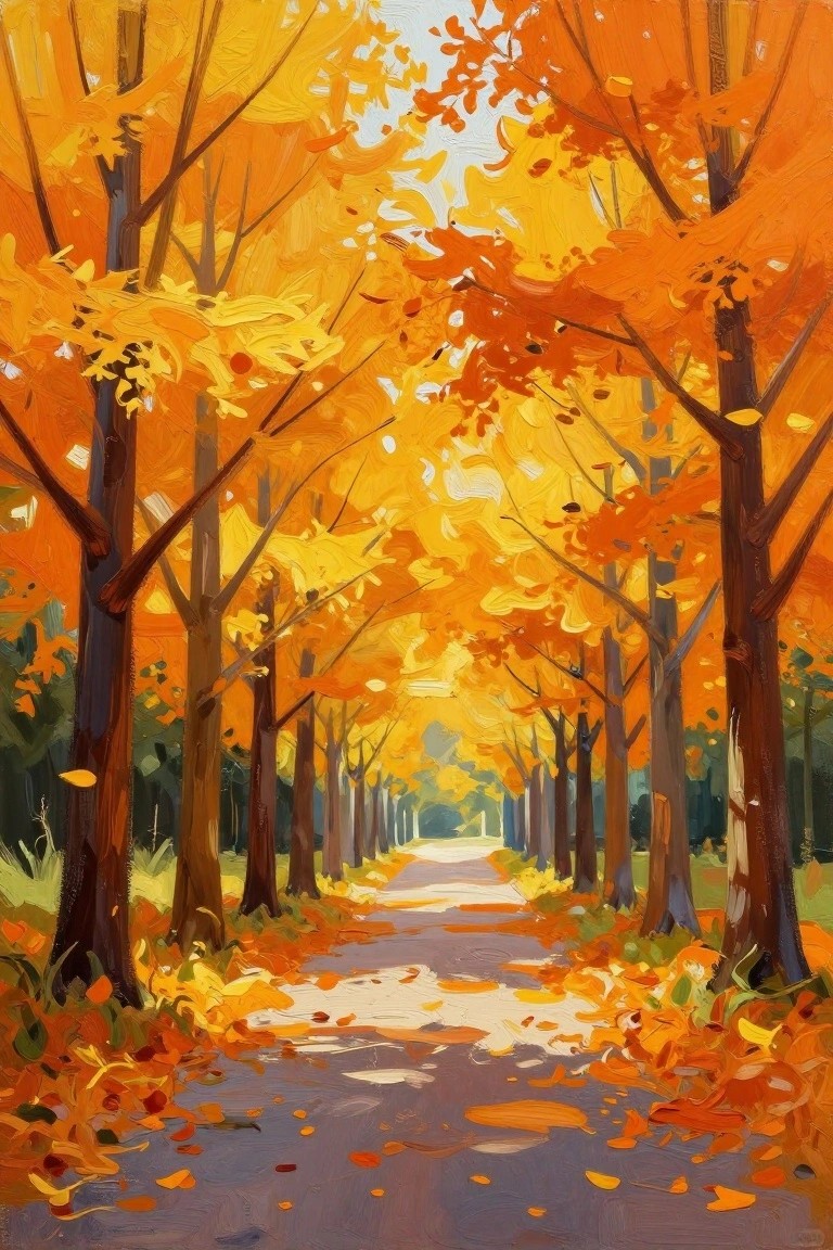 A vertical painting of a path lined with trees whose leaves have turned bright orange and yellow, with fallen leaves scattered on the ground.