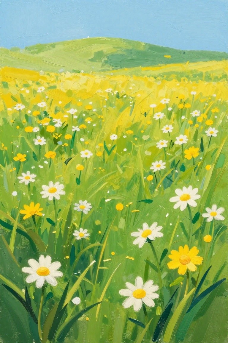 Vibrant meadow of white daisies and yellow flowers amid green grass and rolling hills.