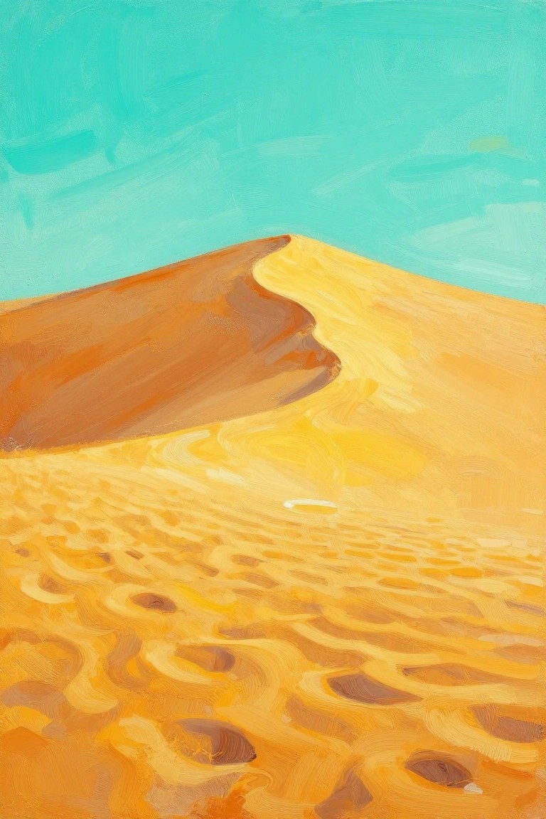 A painting of yellow and orange sand dunes with wavy texture in the foreground under a turquoise sky.