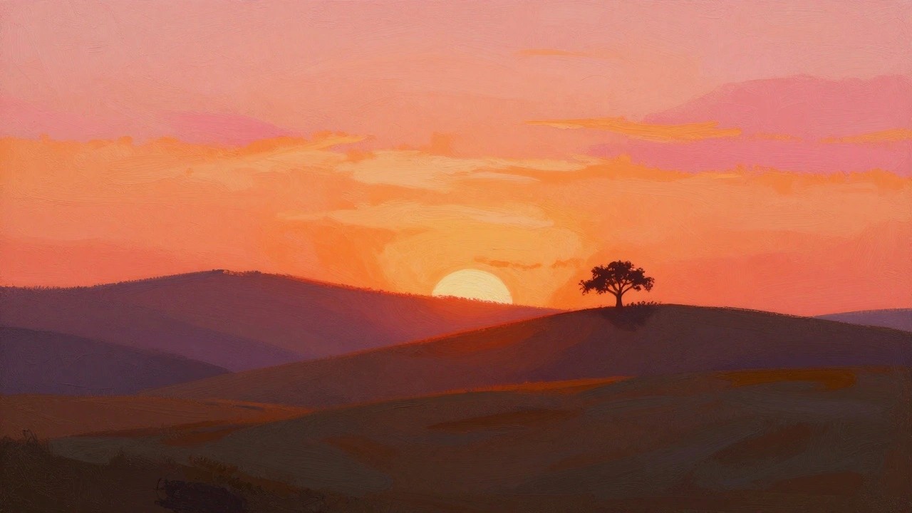 Silhouetted tree atop rolling hills beneath vibrant pink-orange sunset sky with visible brushstrokes.