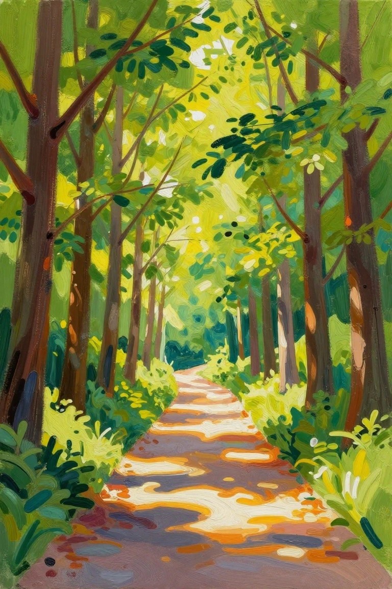 Vibrant painting of sunlit winding path through tall green forest trees