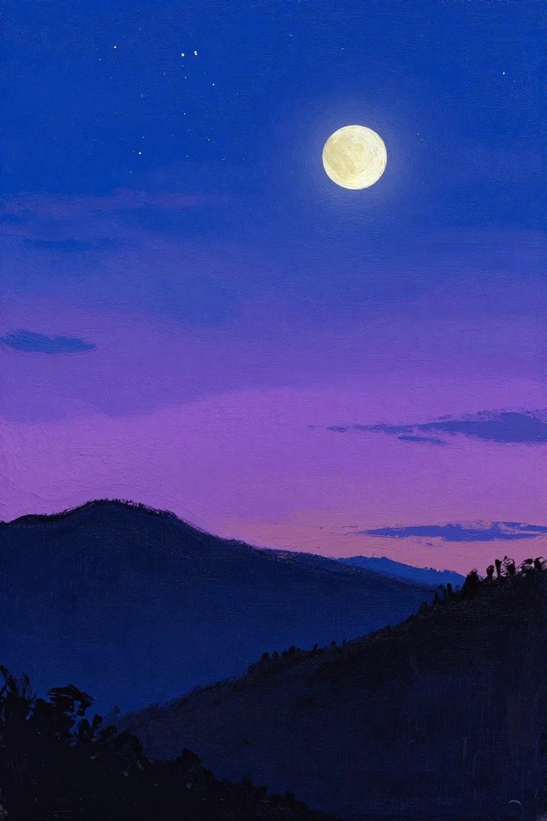 A painting of a full moon in a blue and purple night sky above dark silhouetted mountains.