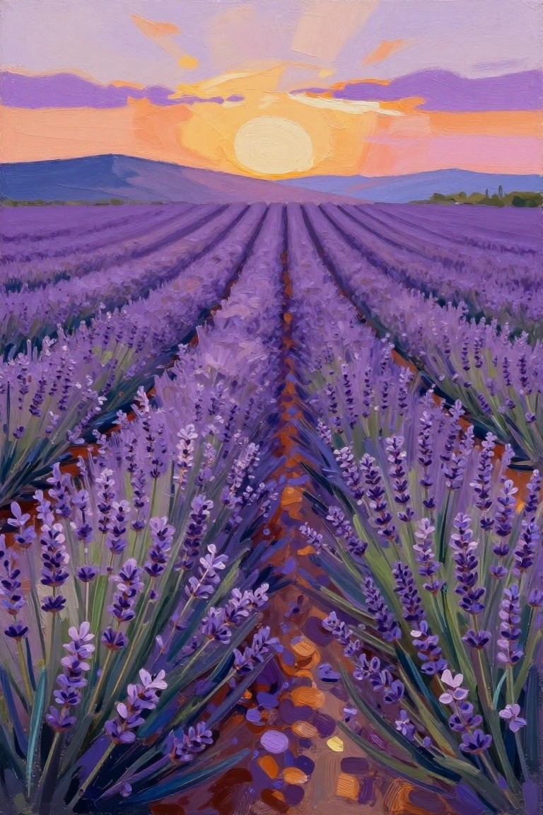 Oil painting of lavender rows leading to vibrant orange sunset over hills