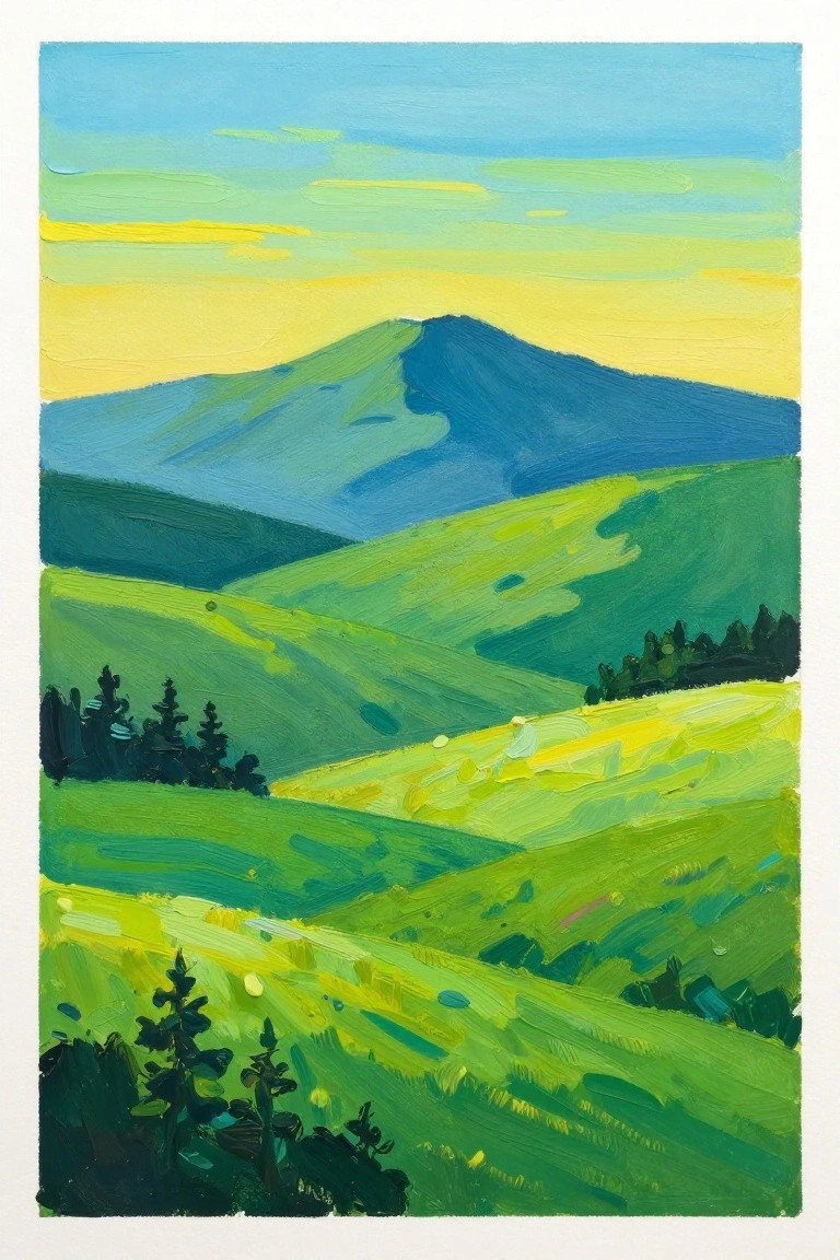 A painting of rolling green and yellow hills with a blue mountain in the background under a blue and yellow sky, with dark trees scattered throughout.