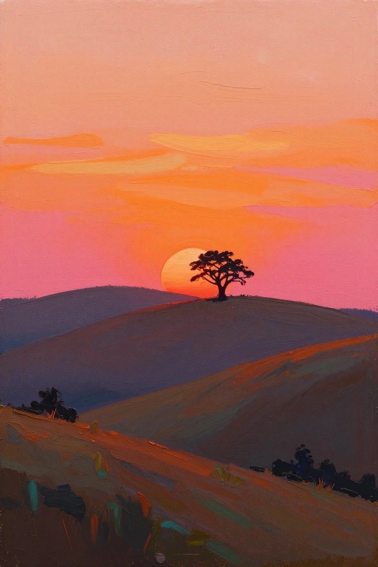 Silhouetted tree atop rolling hills beneath vibrant pink-orange sunset sky with visible brushstrokes.