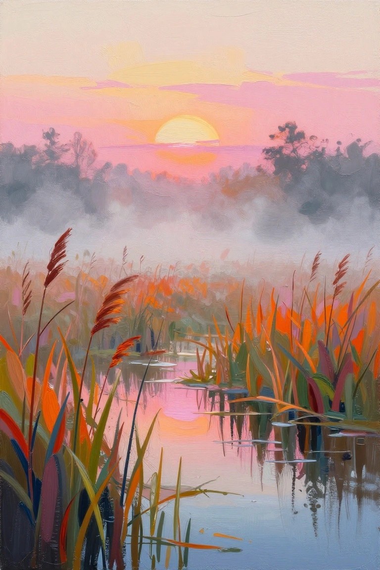 Sunset over misty marsh with vibrant reeds reflecting in calm pink water