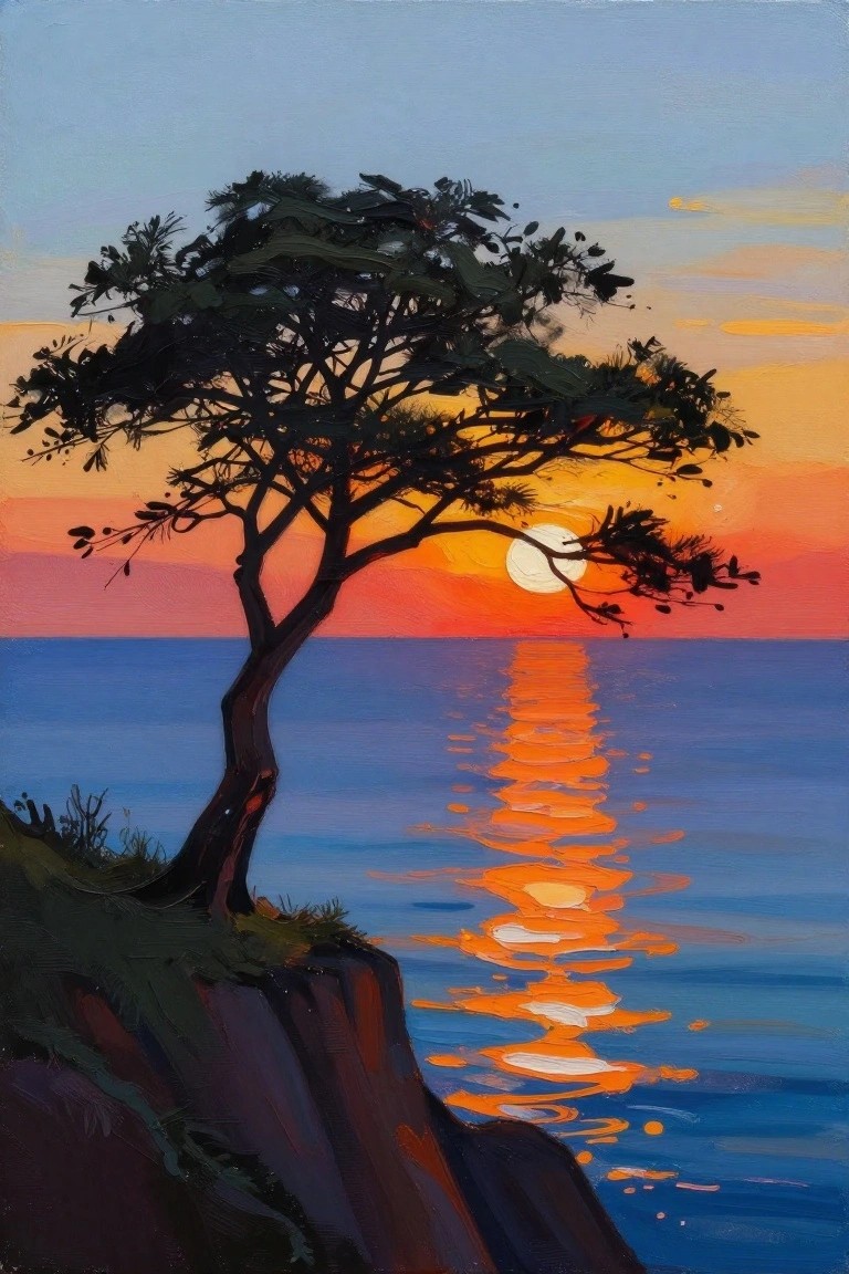 Silhouetted tree on cliff at sunset with orange sun reflection on ocean