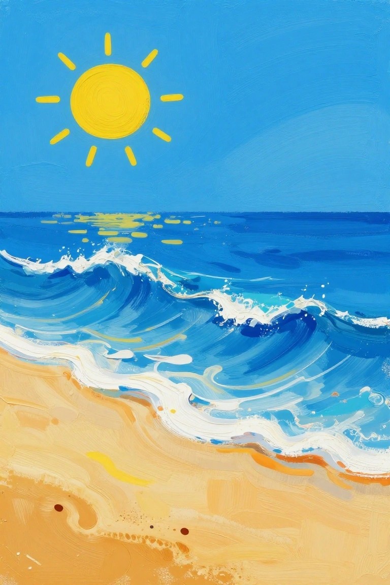 Vivid painting of yellow sun over blue ocean waves lapping golden sand.