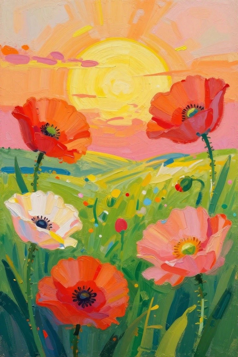 Vibrant red and pink poppies blooming in a green field under a glowing sun
