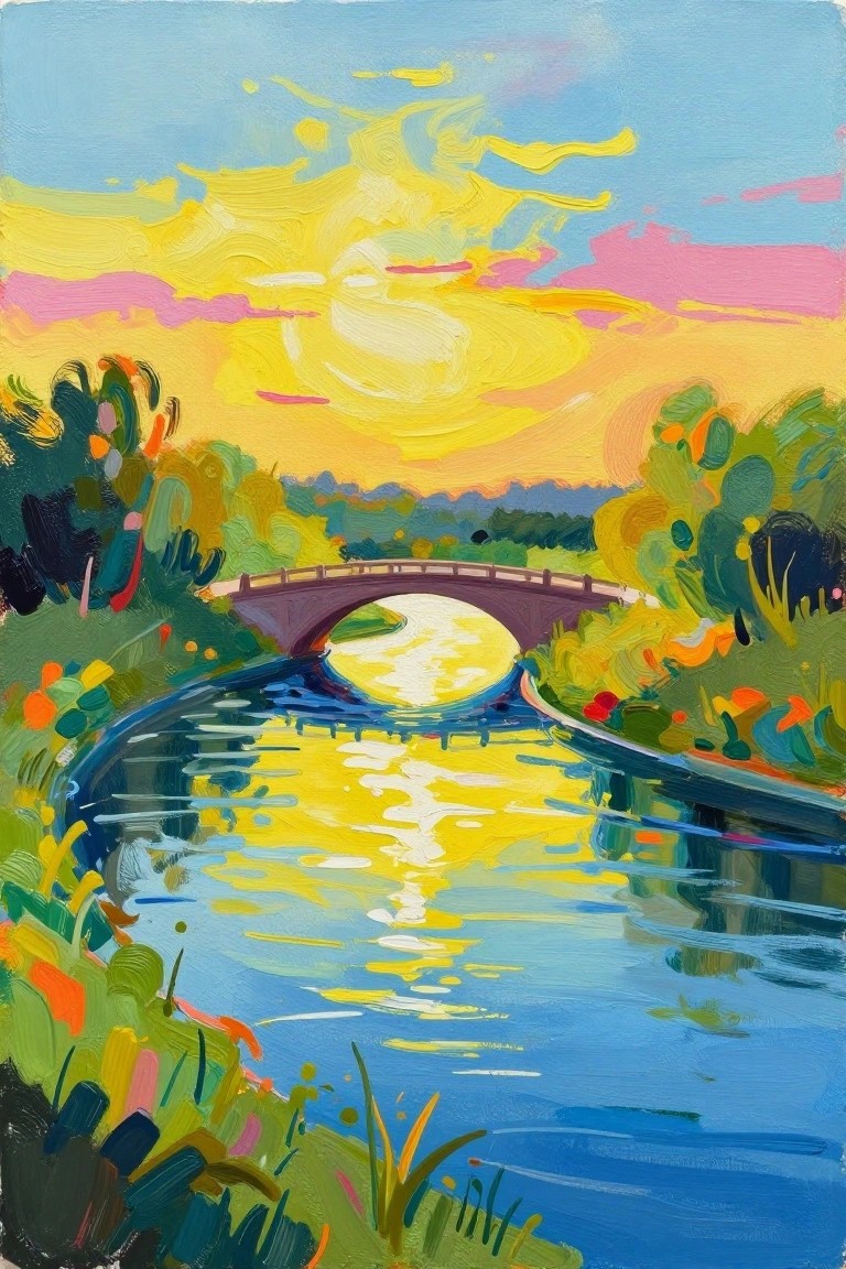 A vibrant painting of a bridge arching over a blue river at sunset with yellow and pink sky reflections and colorful trees on both banks.