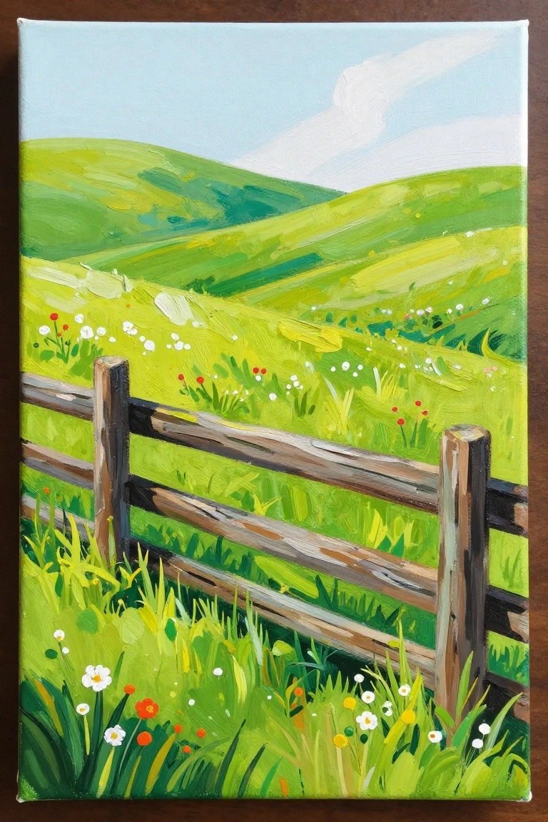 Vibrant painting of wooden fence amid wildflowers on rolling green hills under blue sky.