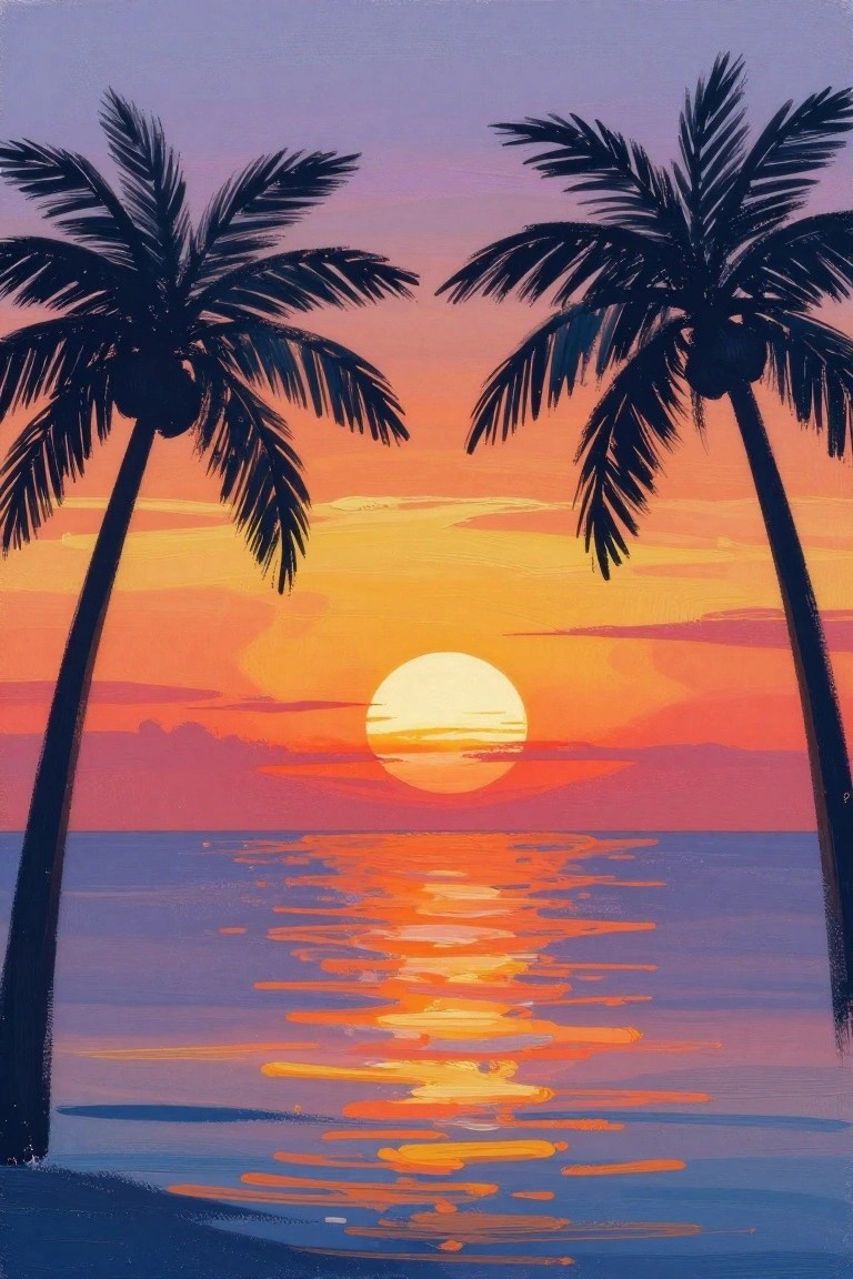 Silhouetted palm trees frame vibrant sunset reflecting on calm ocean waters.