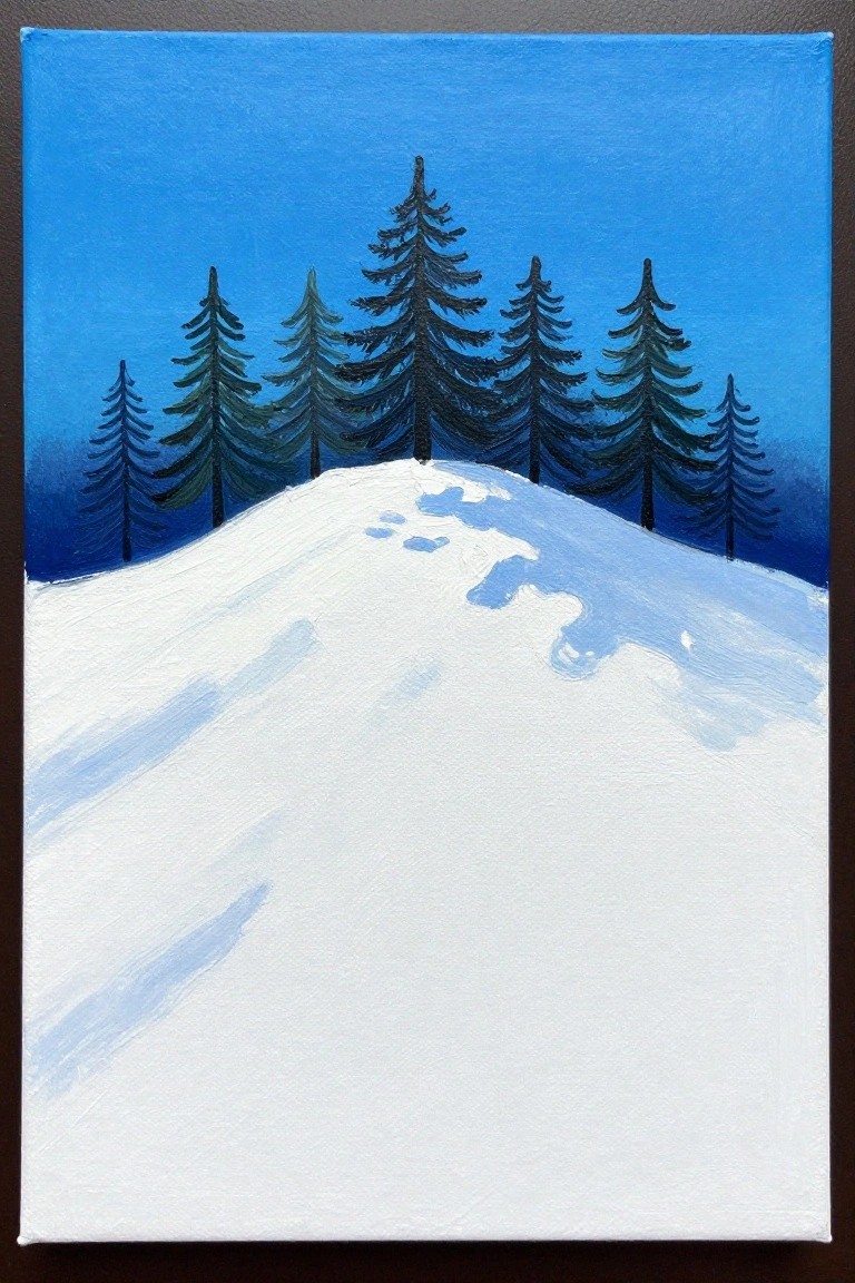 A painting of a white snowy hill with several dark pine trees along the ridge against a blue sky.