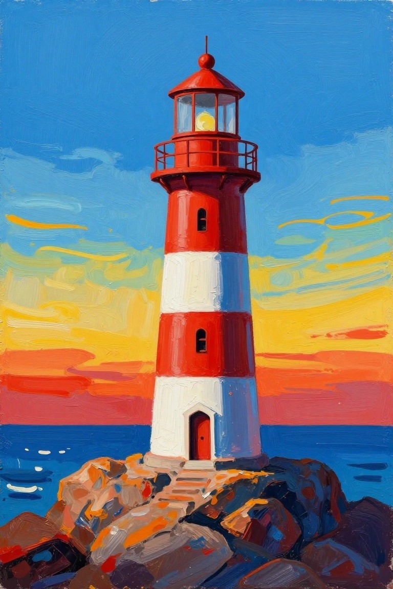 Red and white striped lighthouse on rocks under vibrant sunset sky