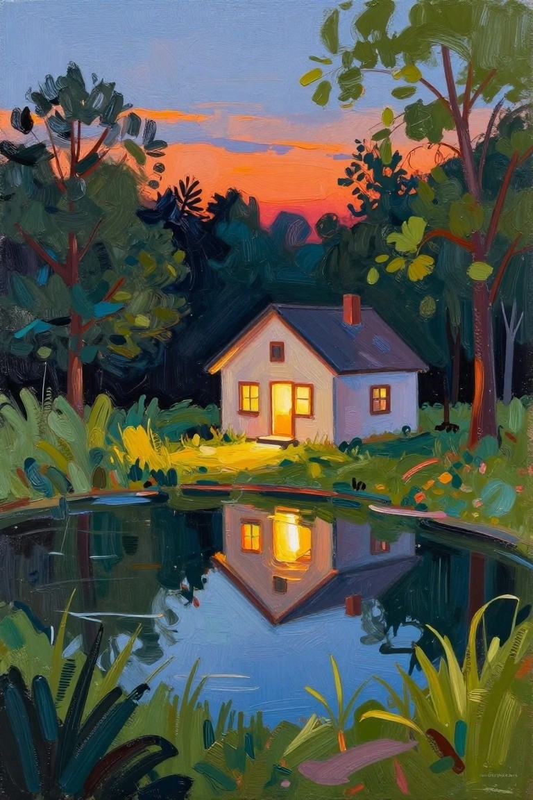 A painting of a small house with lit windows beside a pond at sunset, with the house reflected in the water and surrounded by trees under an orange and pink sky.