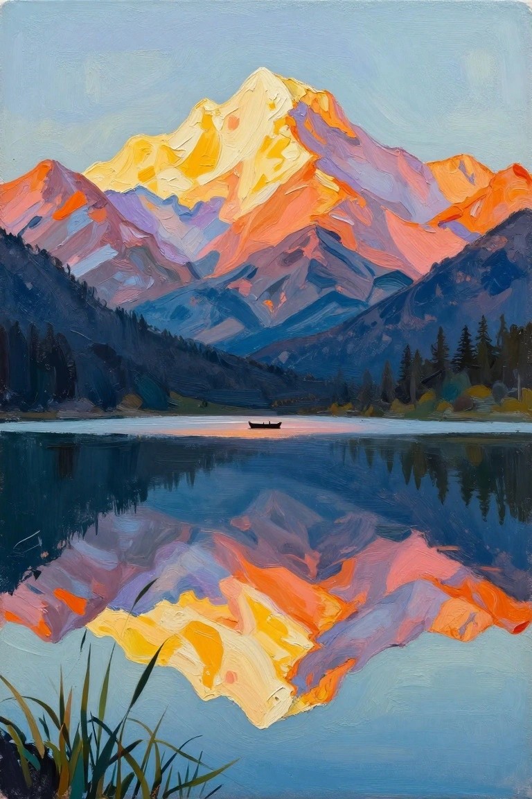 Vibrant painting of glowing mountains reflected in a serene lake with a small boat.