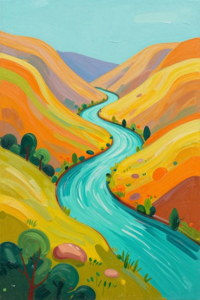 A painting of a winding turquoise river flowing through orange and yellow hills with green trees scattered along the banks.