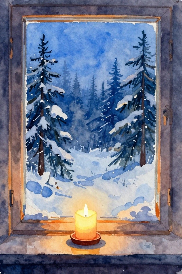 Watercolor of glowing candle on snowy windowsill overlooking pine forest at dusk