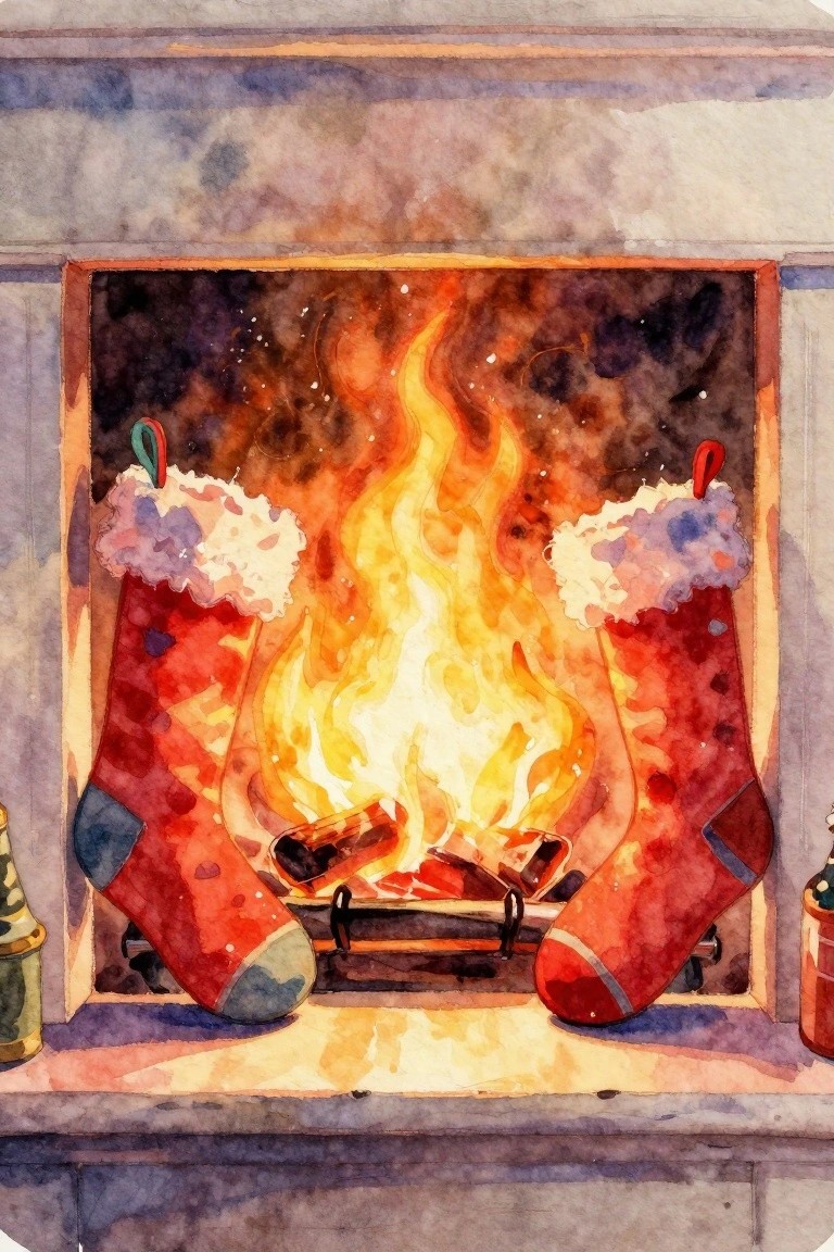 A watercolor painting shows two red Christmas stockings hanging on a fireplace mantel with a bright fire burning between them.