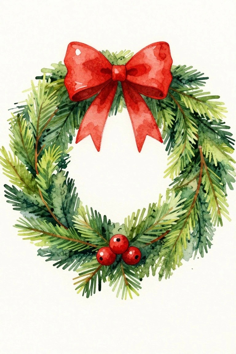 Watercolor Christmas wreath with green pine branches, large red bow, and berries