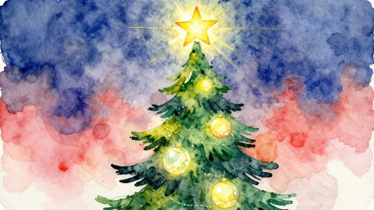 Watercolor Christmas tree with golden star, red ornaments, and string lights on snow.