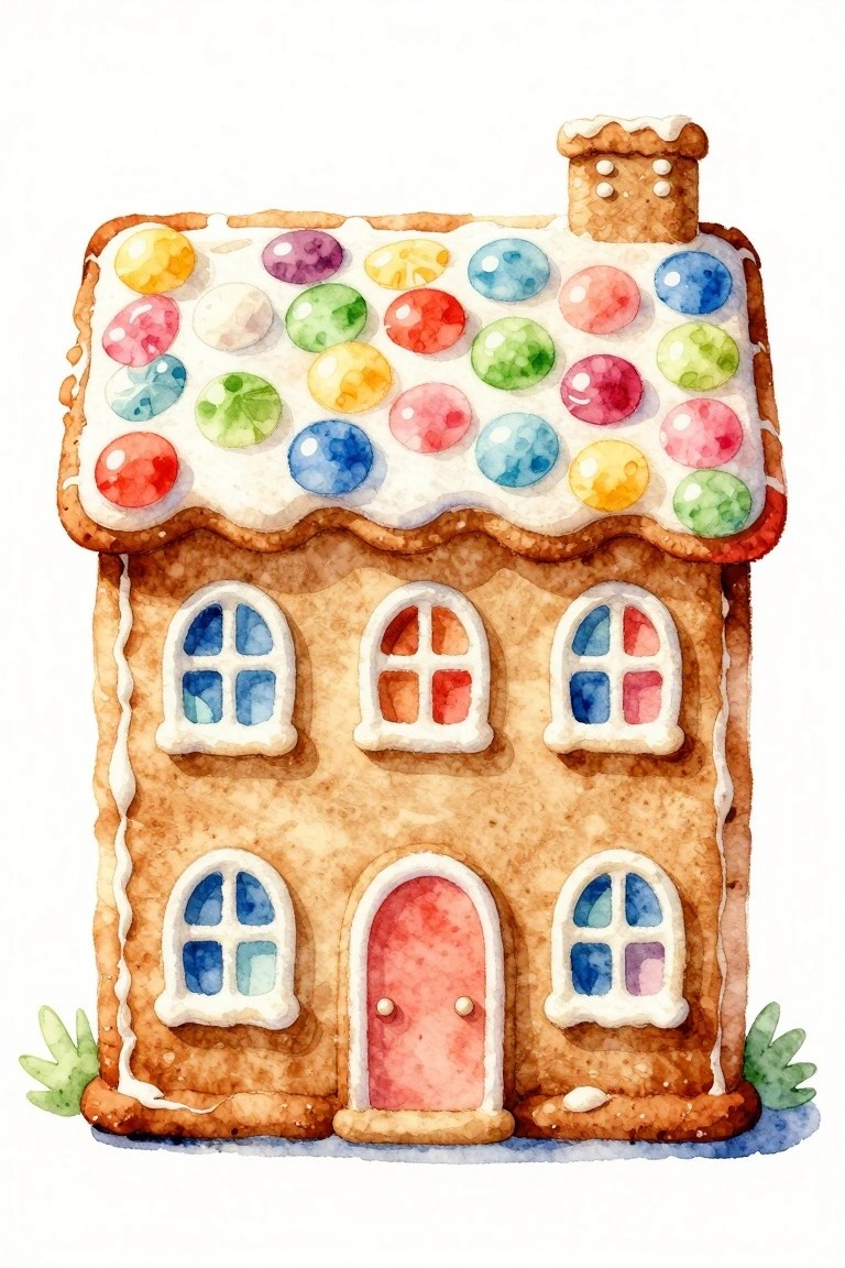 Watercolor gingerbread house with colorful candy roof, pink door, and white icing.