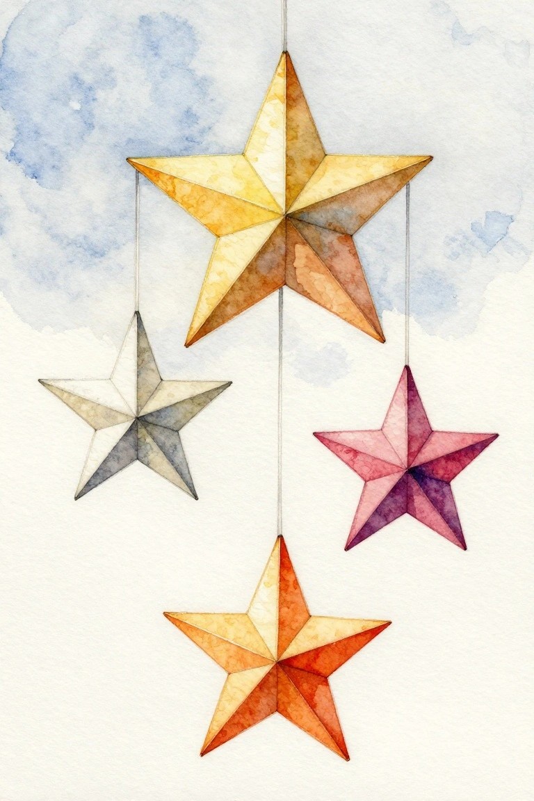 Colorful watercolor stars hanging from strings against a soft blue background.