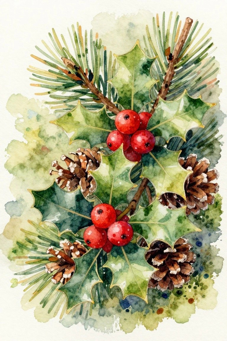 Watercolor of holly leaves with red berries, pine cones, and branches