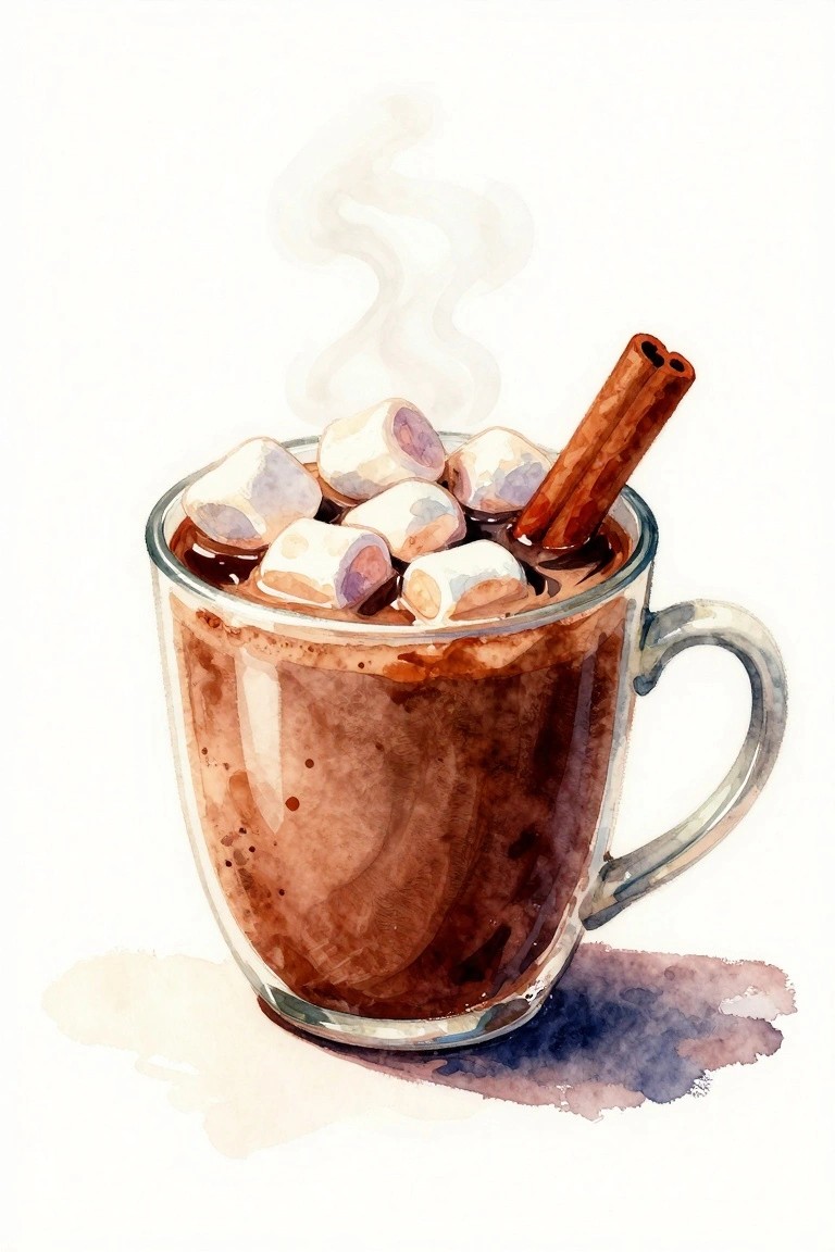 A watercolor painting of a glass mug filled with hot chocolate, topped with marshmallows and a cinnamon stick, with steam rising.