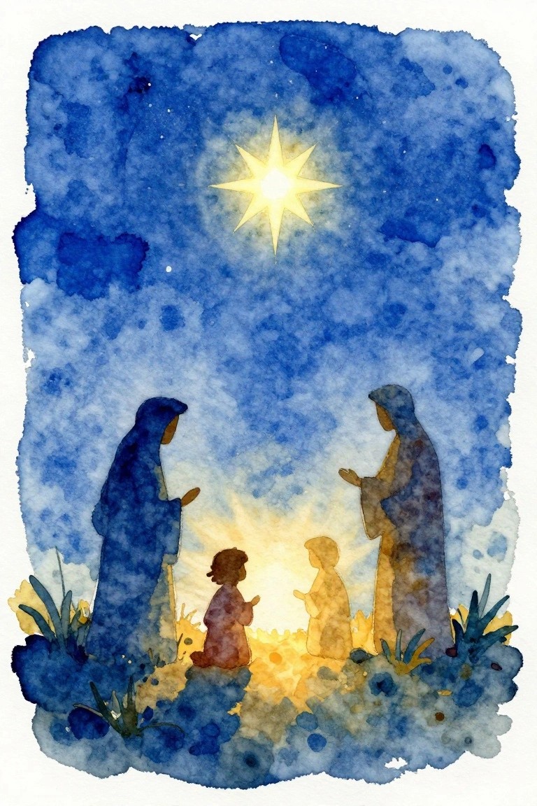 Watercolor of robed figures kneeling under a bright star in blue night sky.