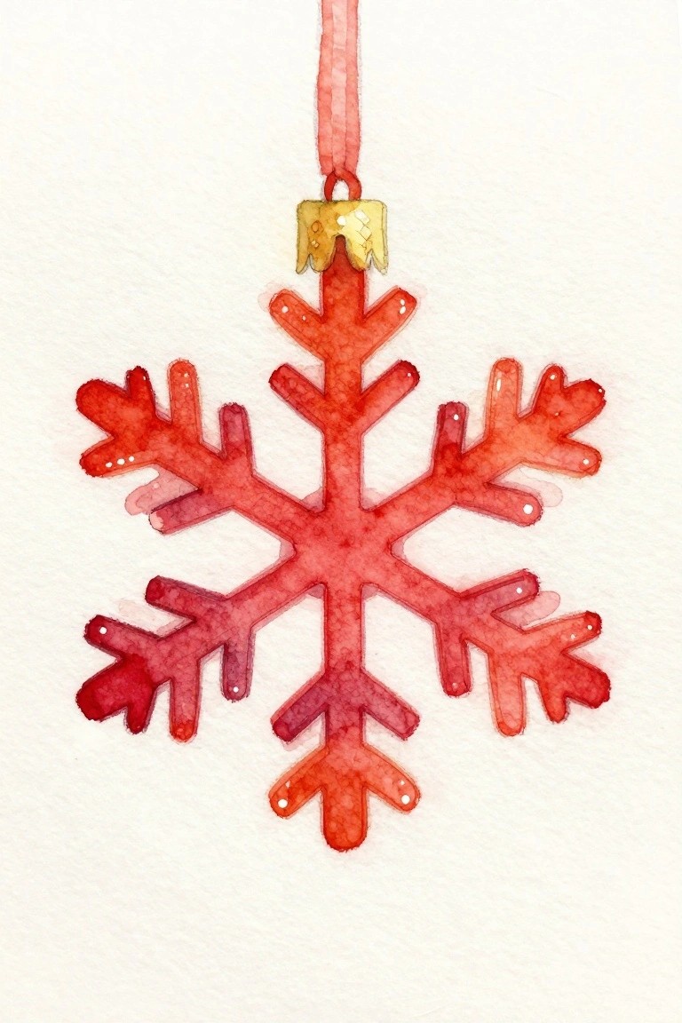 Red watercolor snowflake ornament hanging from ribbon with gold cap