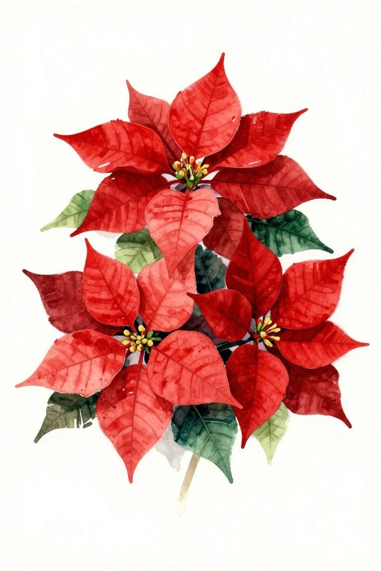 Watercolor painting of red poinsettia flowers with green leaves and yellow centers.