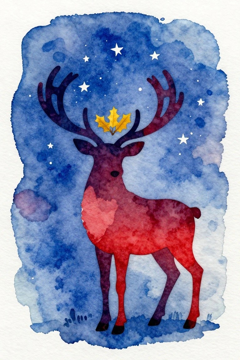 Watercolor red deer with yellow leaf on antlers beneath starry blue night sky
