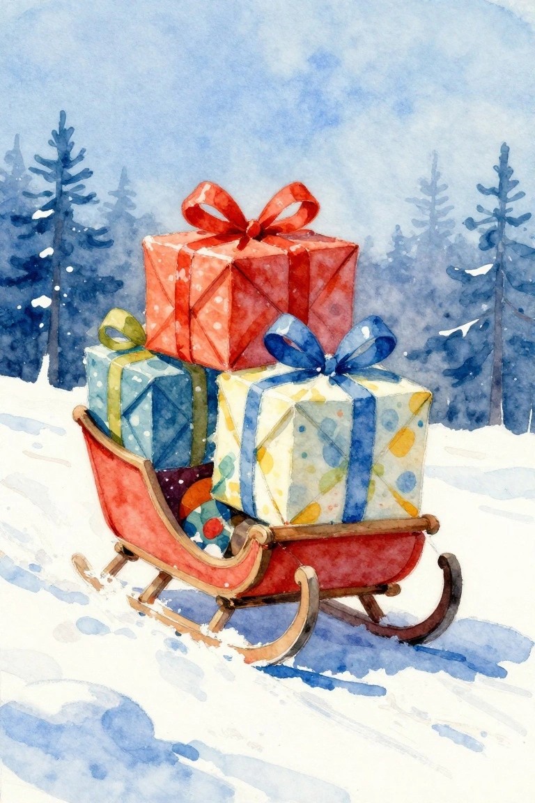 Watercolor of red sled stacked with colorful wrapped gifts in snowy pine forest.