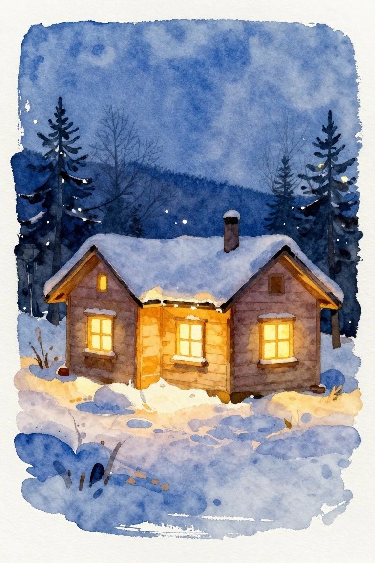 A watercolor painting of a snow-covered wooden cabin with glowing yellow windows at night, surrounded by pine trees and snow under a starry blue sky.