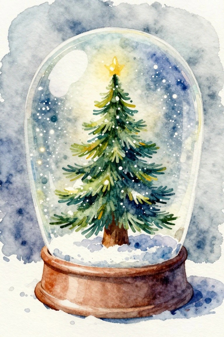 Watercolor snow globe with green Christmas tree, golden star, and falling snow.