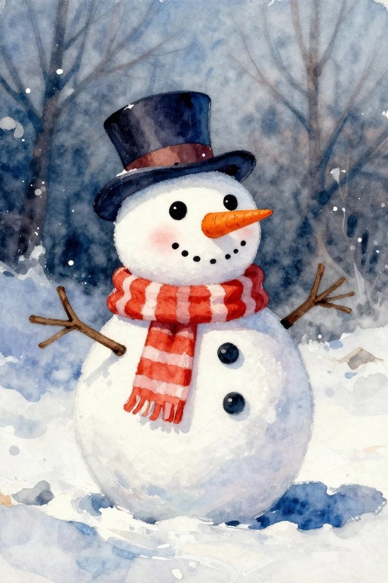 Watercolor snowman in top hat and red striped scarf with stick arms in snowy woods.
