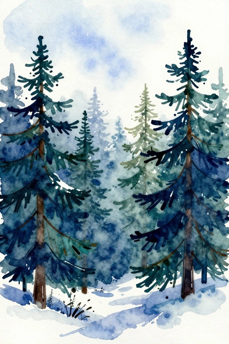 Watercolor painting of snow-covered pine trees in a misty blue winter forest