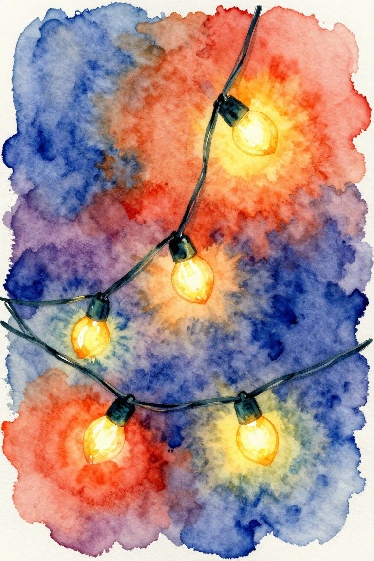 Glowing yellow string lights on vibrant abstract watercolor background in red and blue
