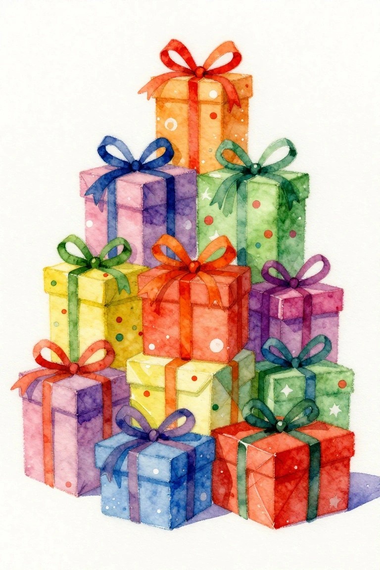 A watercolor painting shows a pyramid of colorful gift boxes with different colored ribbons and bows.