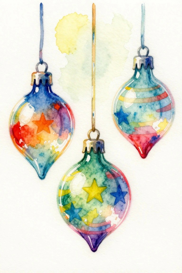 Watercolor painting of three hanging Christmas ornaments with stars and colorful stripes.