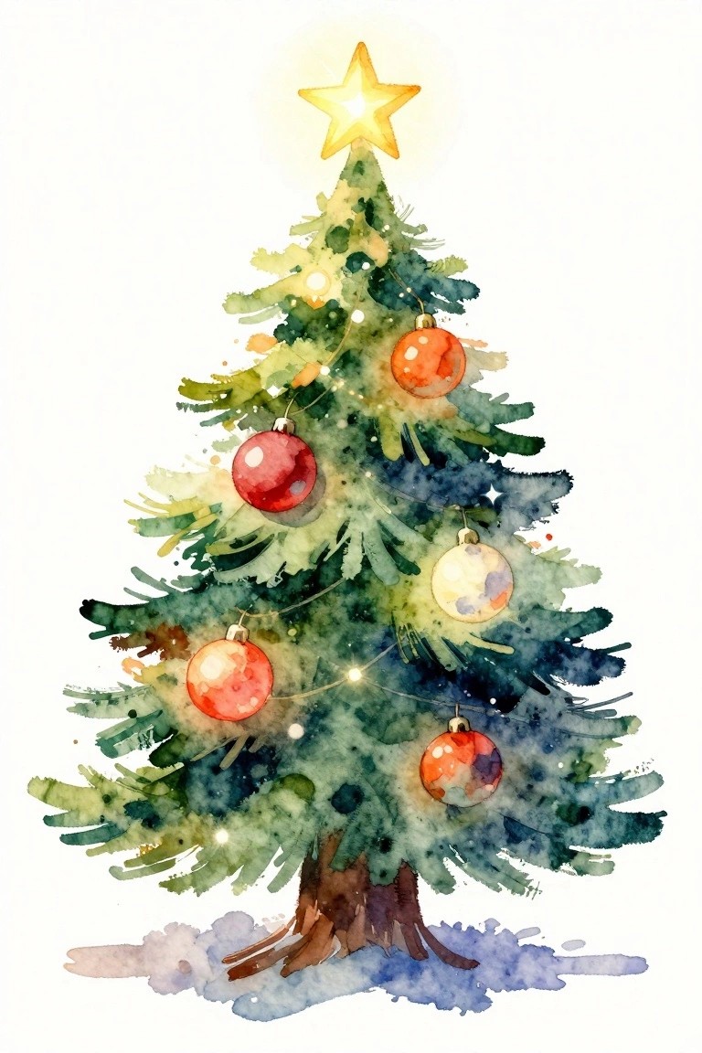 Watercolor Christmas tree with golden star, red ornaments, and string lights on snow.