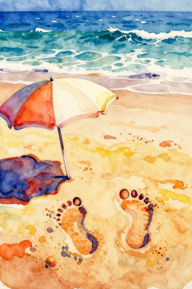 A watercolor painting shows a beach umbrella, two sets of footprints in the sand, a dark shape on the left, and ocean waves in the background.