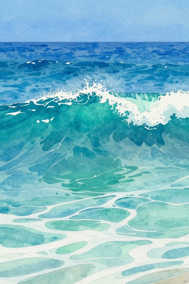 Watercolor painting of turquoise waves with white foam cresting and breaking.