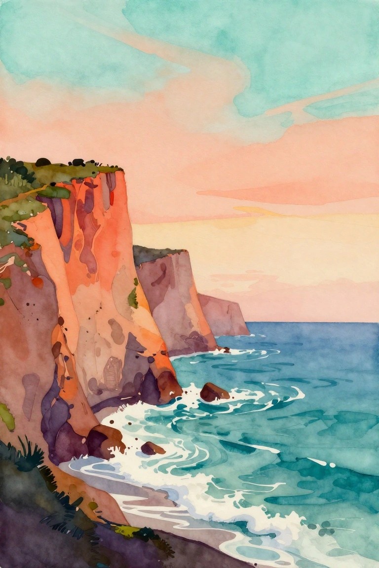 A watercolor painting of orange and purple cliffs next to turquoise ocean waves under a pink and orange sky.