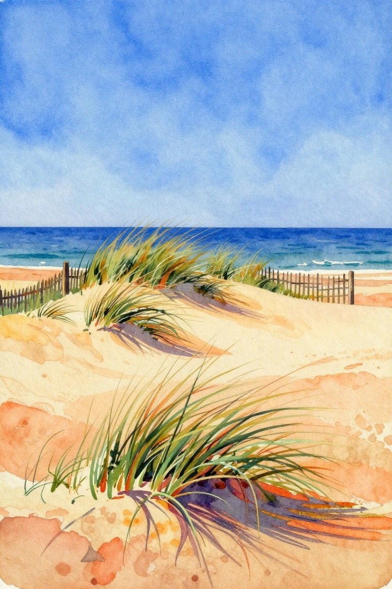 A watercolor painting of sandy beach dunes with tall green and brown grass, a wooden fence, and blue ocean under a light sky.