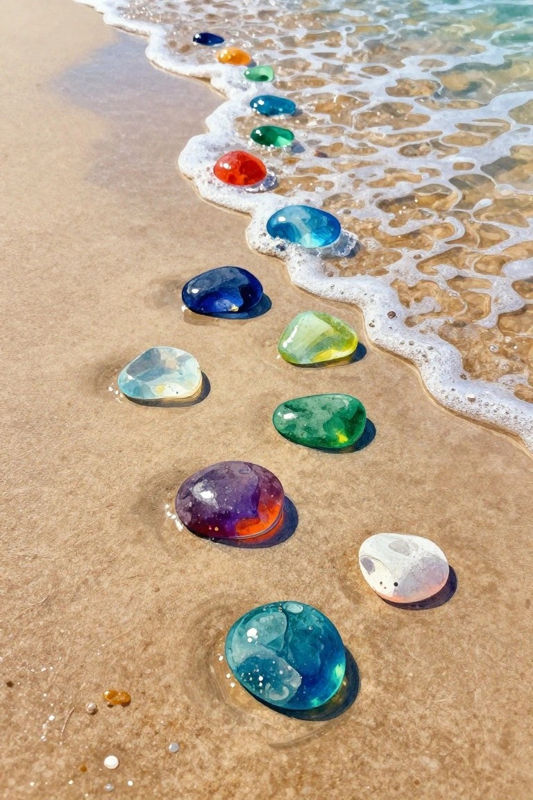 Colorful glass pebbles scattered on wet sand beside gentle ocean waves.