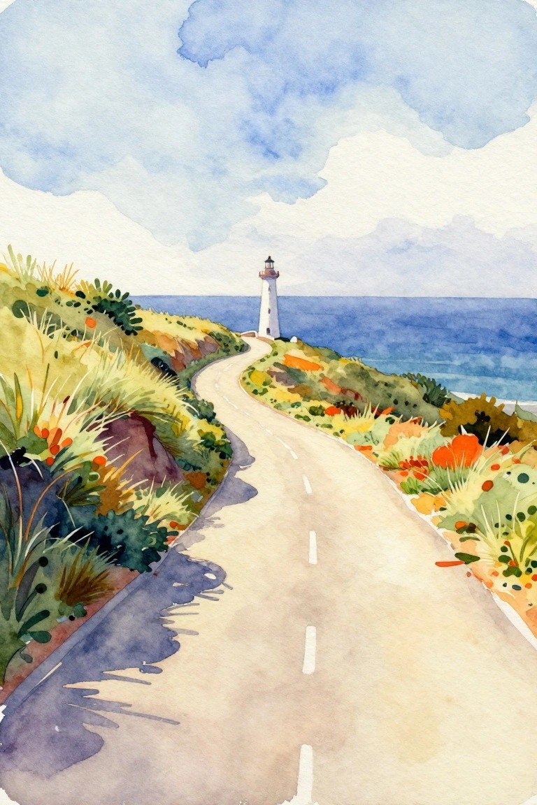 Watercolor of winding road curving to lighthouse by blue ocean with colorful hills.