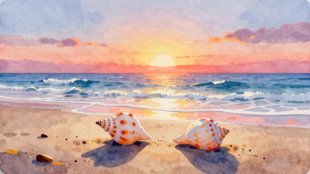 Watercolor sunset beach with two seashells on wet sand by ocean waves